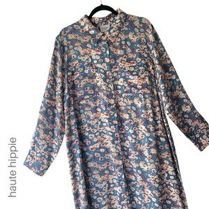 HAUTE HIPPIE | FLORAL MAXI SHIRTDRESS LONG SLEEVE BUTTON FRONT BLUE & WHITE | XL